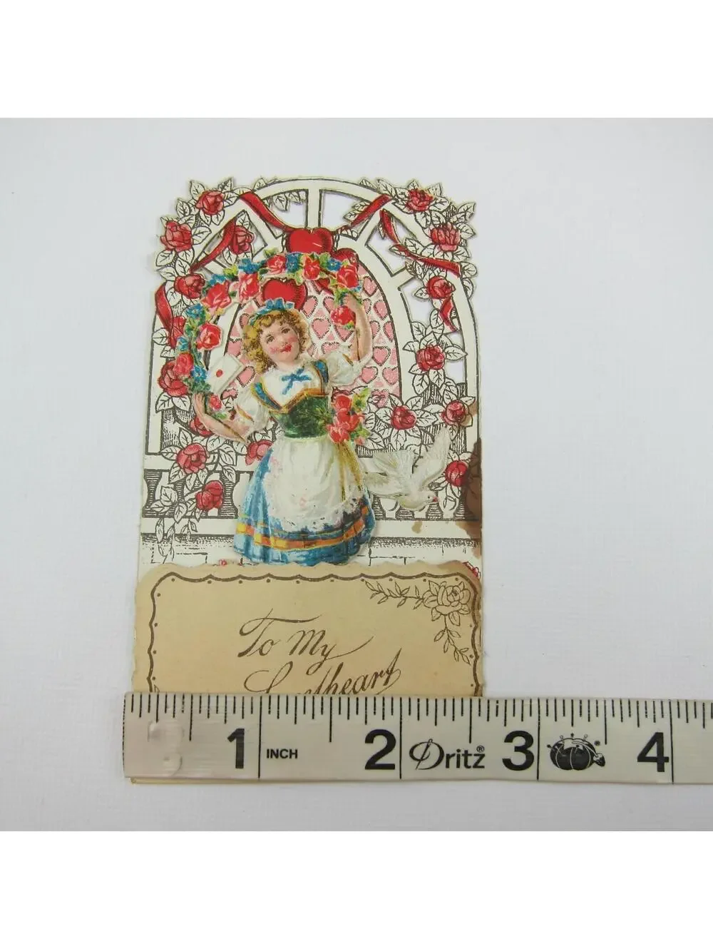 Vintage Valentine 3D Pop Up Die Cut Blonde Girl Blue White Dress Red Flowers